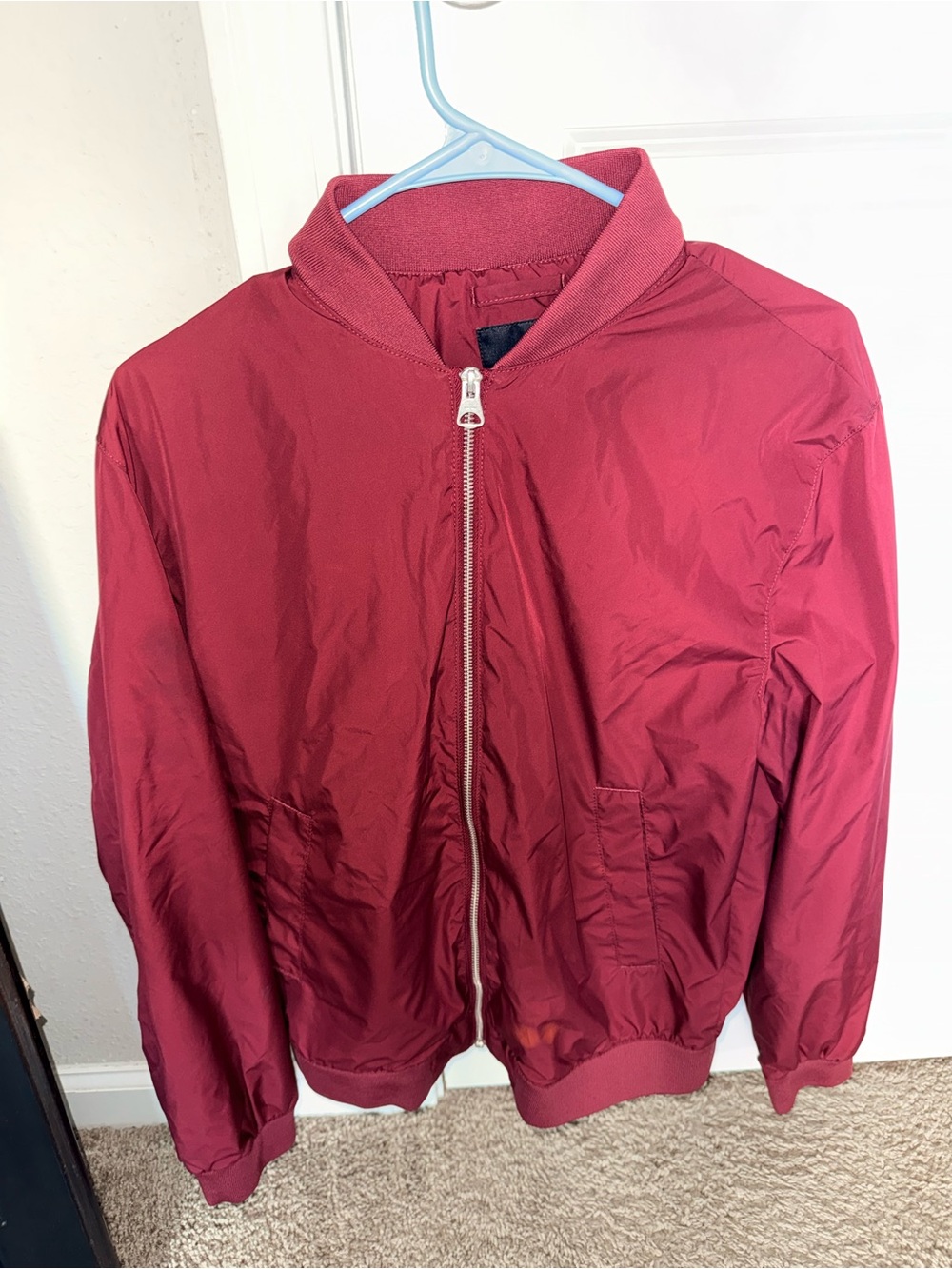H&M Men's Burgundy Bomber Jacket with Zip